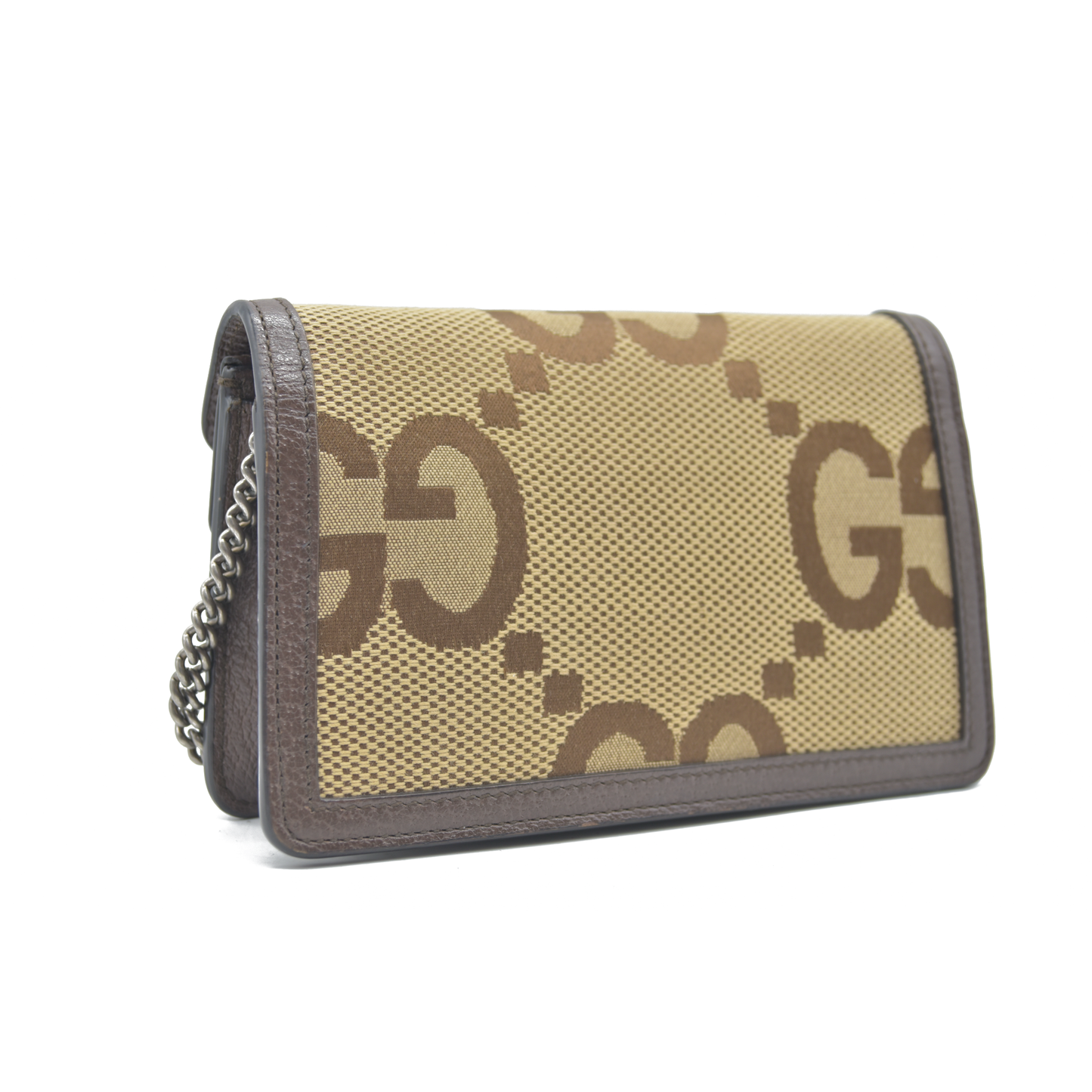 $1290 GUCCI Monogram Jumbo GG Textured Dollar Calfskin Super Mini Dionysus Shoulder Bag Camel Ebony