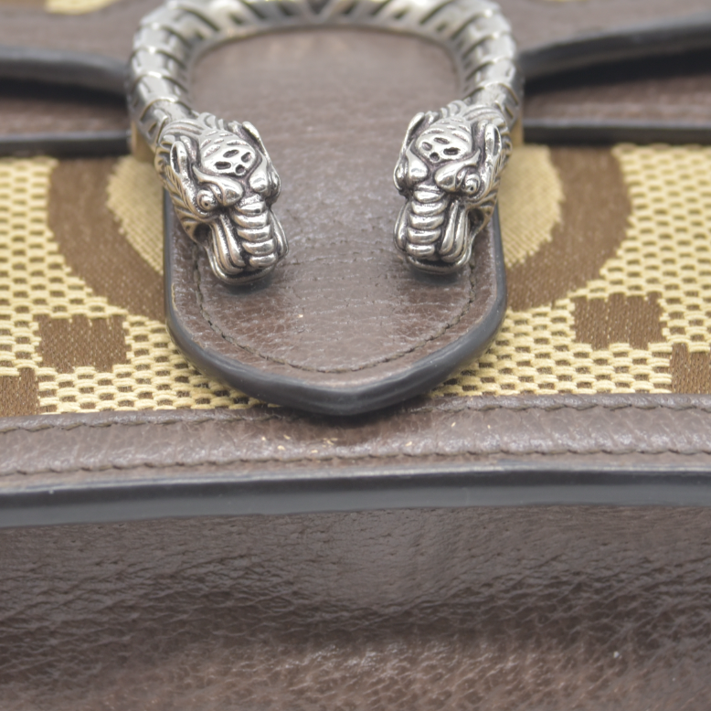 $1290 GUCCI Monogram Jumbo GG Textured Dollar Calfskin Super Mini Dionysus Shoulder Bag Camel Ebony