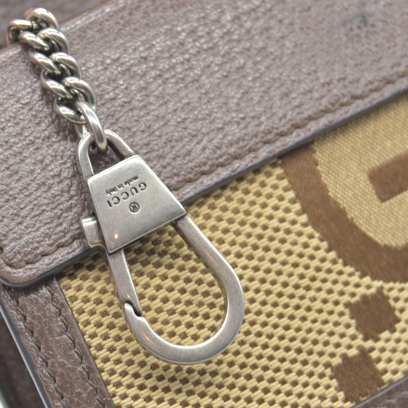 $1290 GUCCI Monogram Jumbo GG Textured Dollar Calfskin Super Mini Dionysus Shoulder Bag Camel Ebony