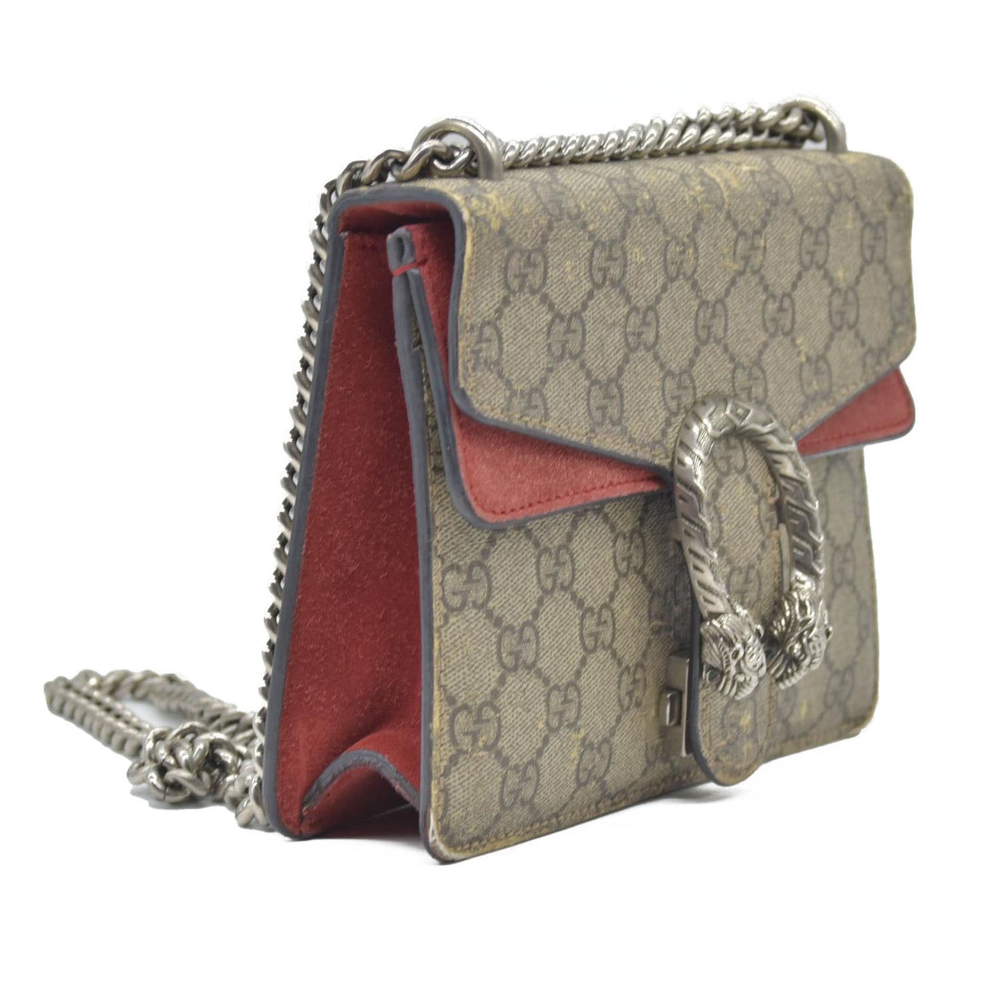 $2600 Gucci GG Supreme Monogram Suede Cudu Medium Dionysus Shoulder Bag Beige Ebony Vulcanic Red