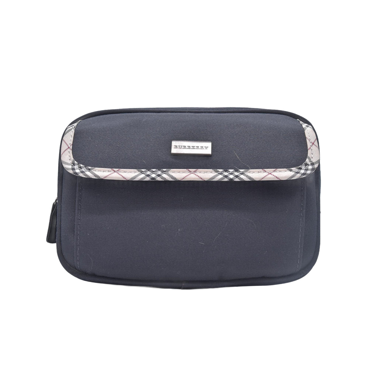 $380 BURBERRY Canvas Plaid Trim Flap Pocket Cosmetic Case Black CONSIGNMENT 10021231