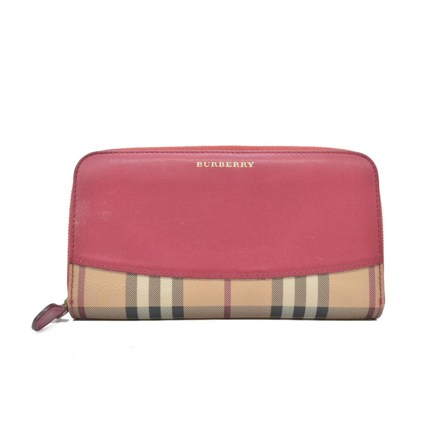 Burberry Grainy Calfskin House Check Elmore Zip Around Wallet Russet Red CONSIGNMENT