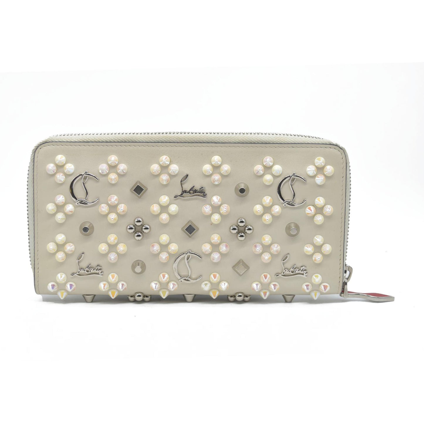 $950 CONSIGNMENT Christian Louboutin Panettone Long Wallet Cream with Loubinthesky Spikes