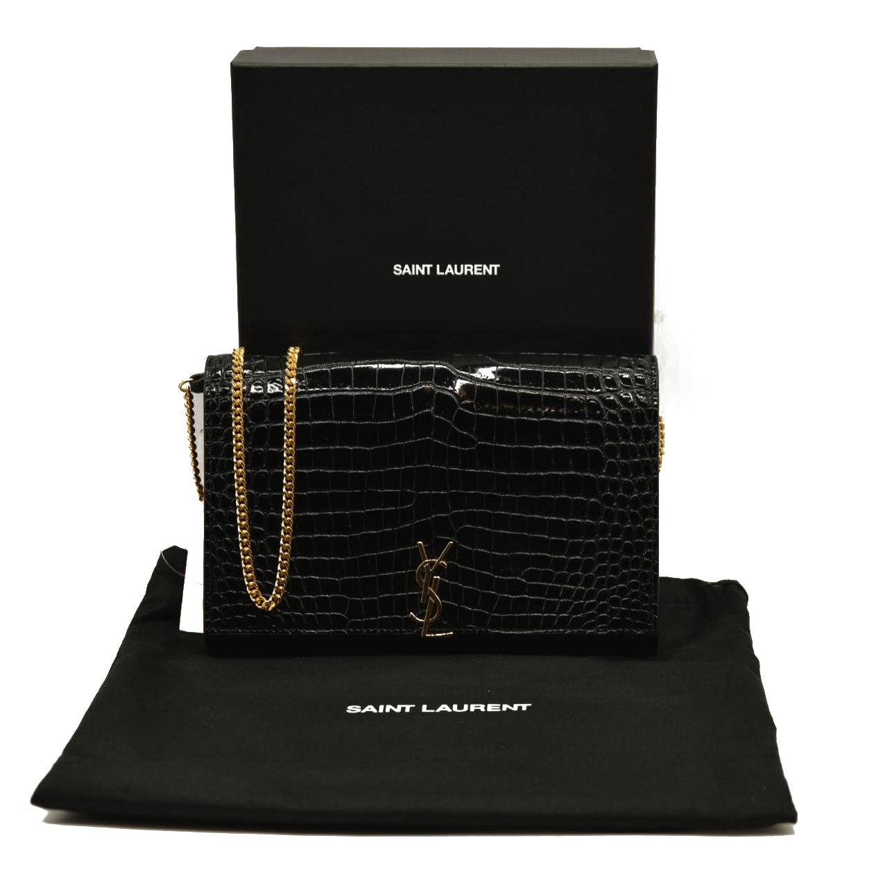 SAINT LAURENT PARIS Saint Laurent Black Croc Embossed Leather Monogram Wallet On Chain