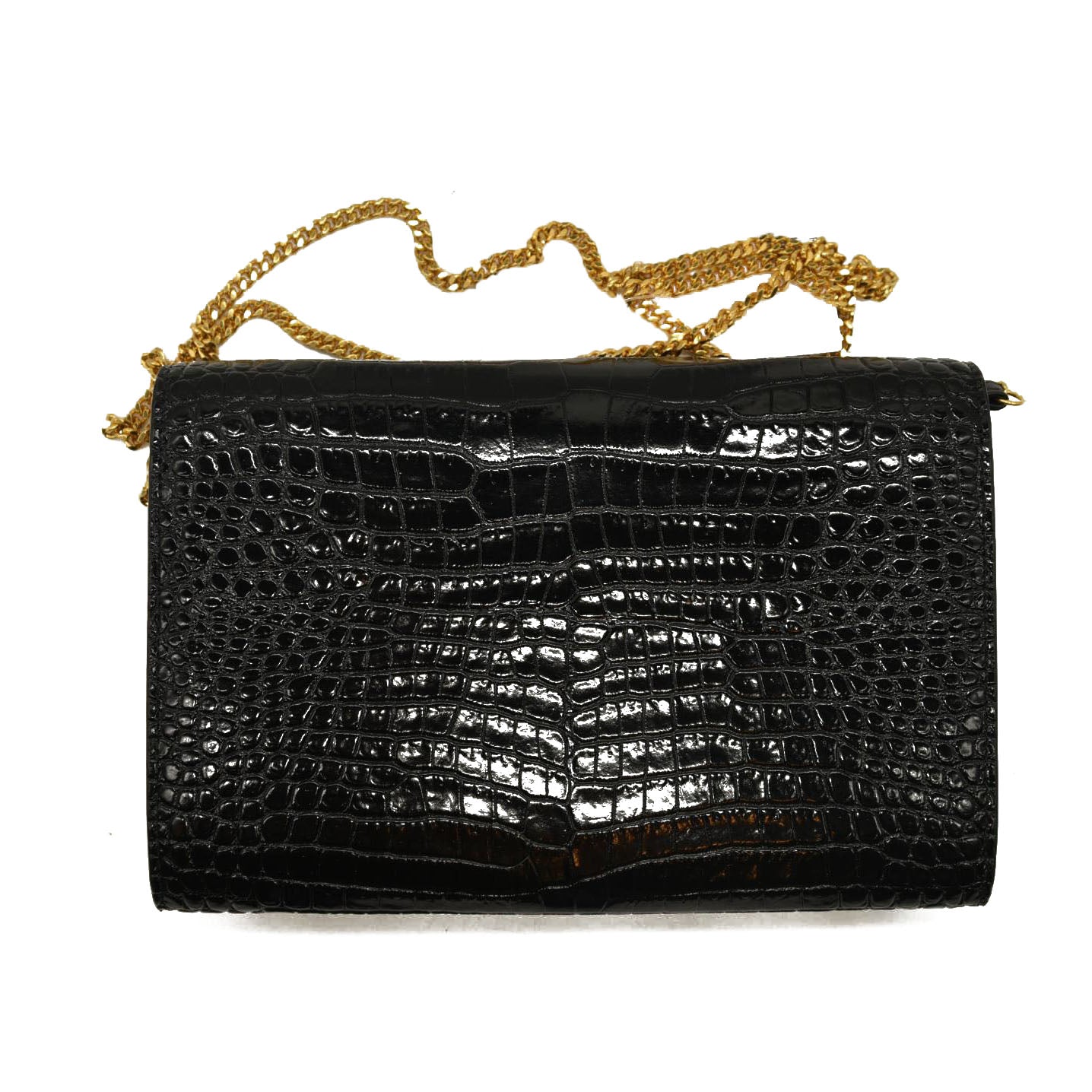 SAINT LAURENT PARIS Saint Laurent Black Croc Embossed Leather Monogram Wallet On Chain