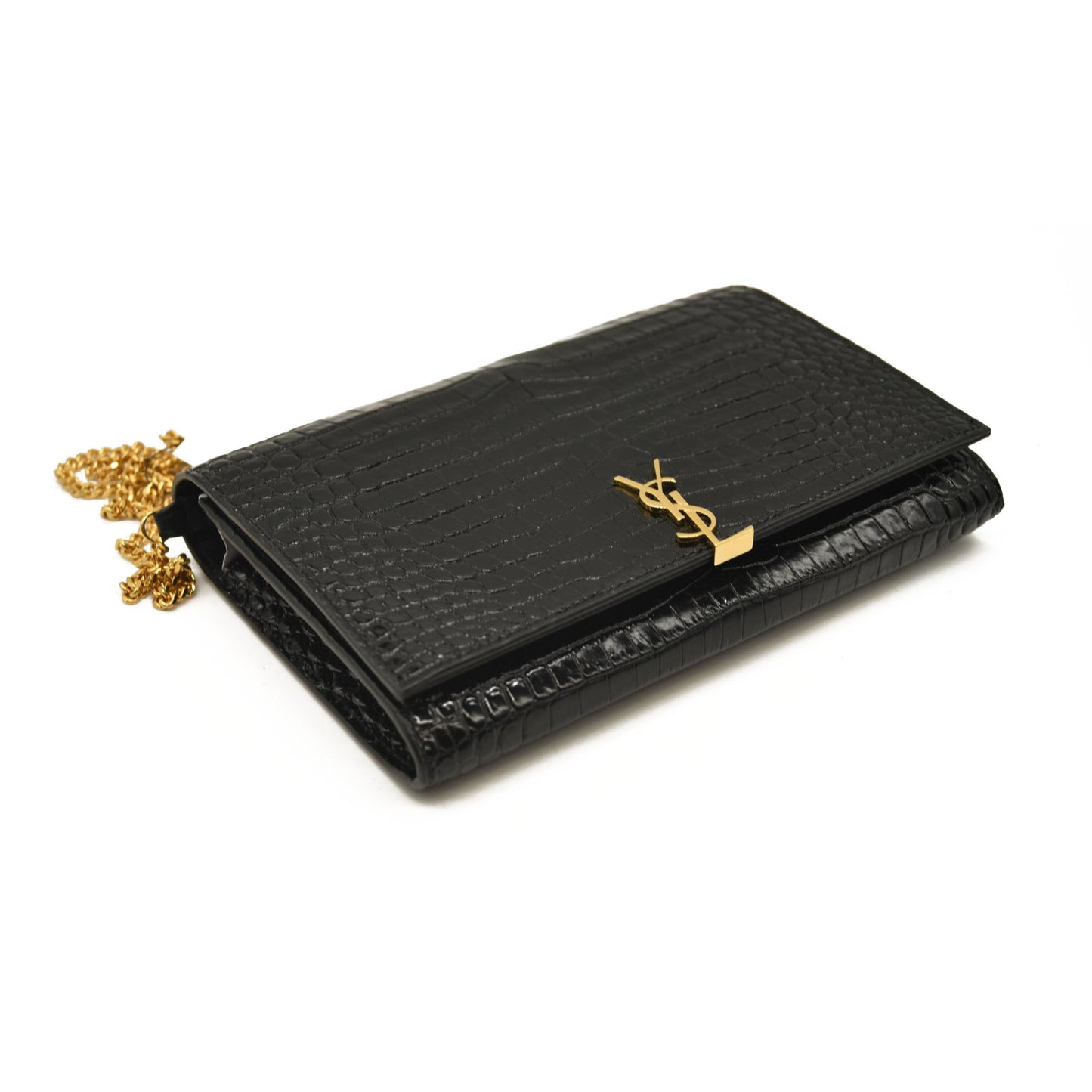 SAINT LAURENT PARIS Saint Laurent Black Croc Embossed Leather Monogram Wallet On Chain