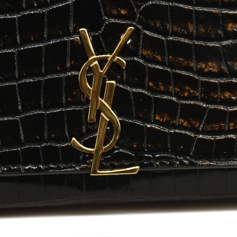 SAINT LAURENT PARIS Saint Laurent Black Croc Embossed Leather Monogram Wallet On Chain