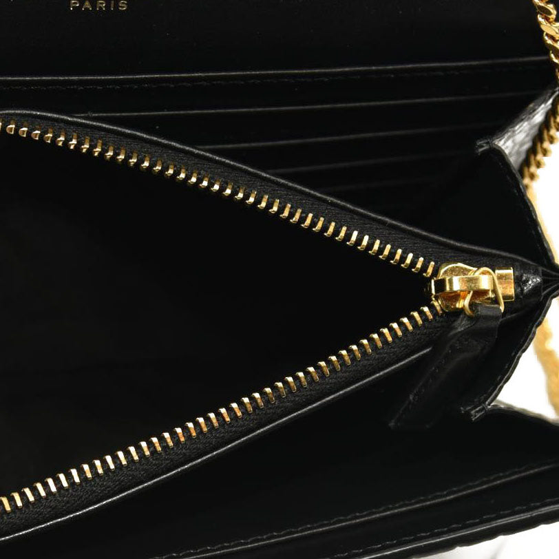 SAINT LAURENT PARIS Saint Laurent Black Croc Embossed Leather Monogram Wallet On Chain