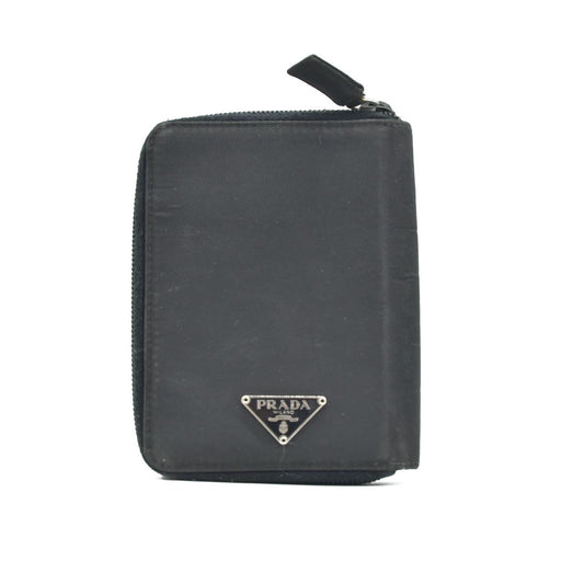 $480 PRADA Tessuto Nylon Logo Plate Zippy Bifold Wallet Black