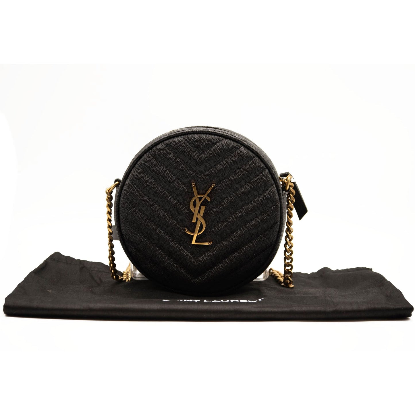 NEW SAINT LAURENT Grain De Poudre Matelasse Chevron Quited Round Vinyle Camera Bag Black