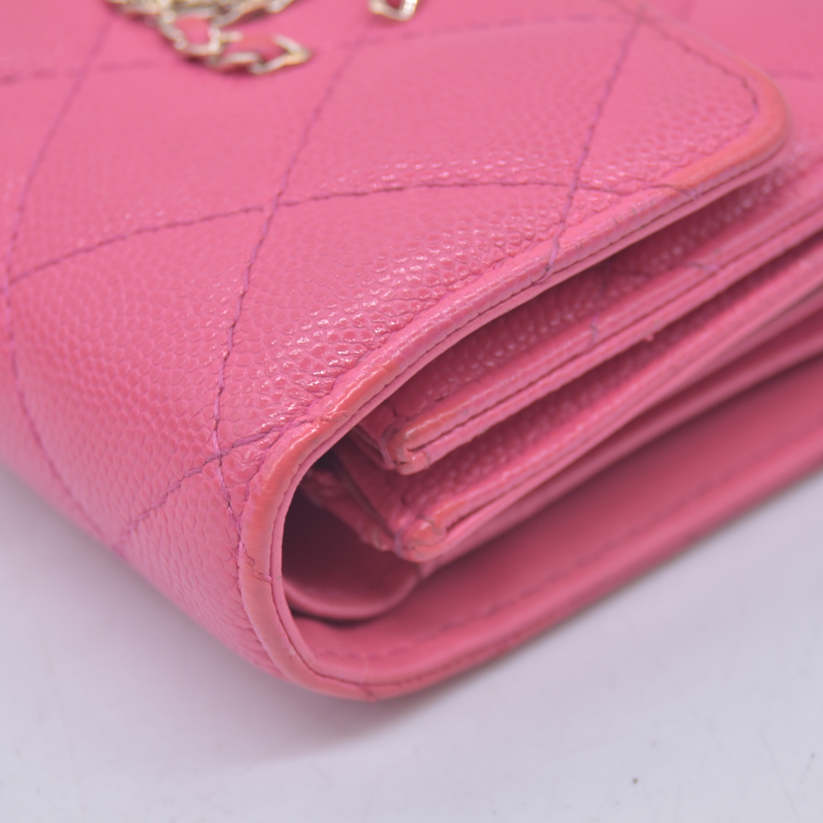 $1025 2020 CHANEL Interlocking CC Chain Small Flap Tri-Fold Wallet Pink Caviar Leather