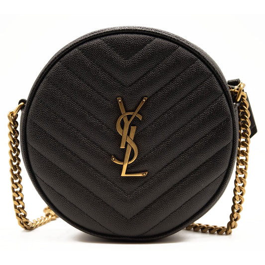 NEW SAINT LAURENT Grain De Poudre Matelasse Chevron Quilted Round Vinyle Camera Bag Black