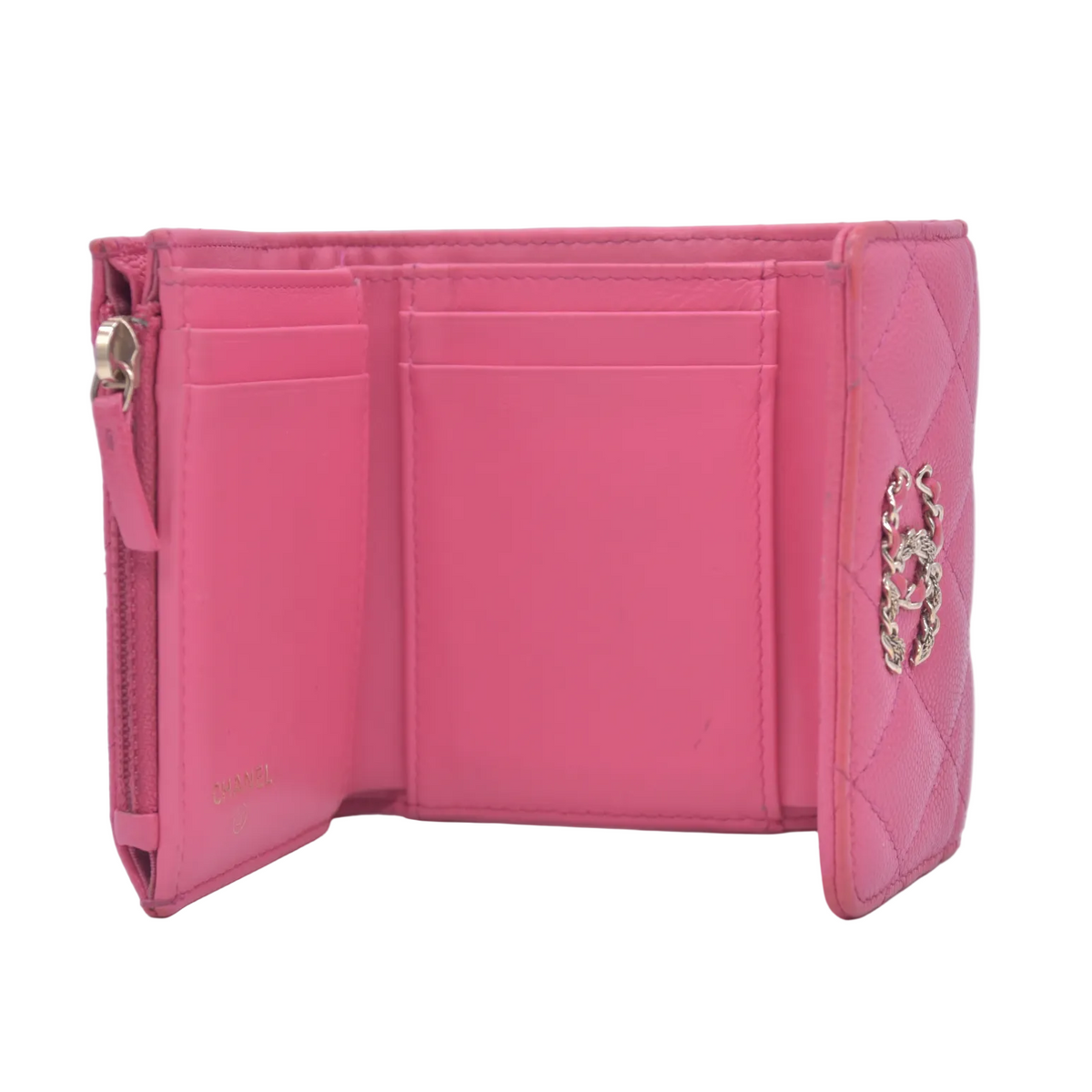 $1025 2020 CHANEL Interlocking CC Chain Small Flap Tri-Fold Wallet Pink Caviar Leather