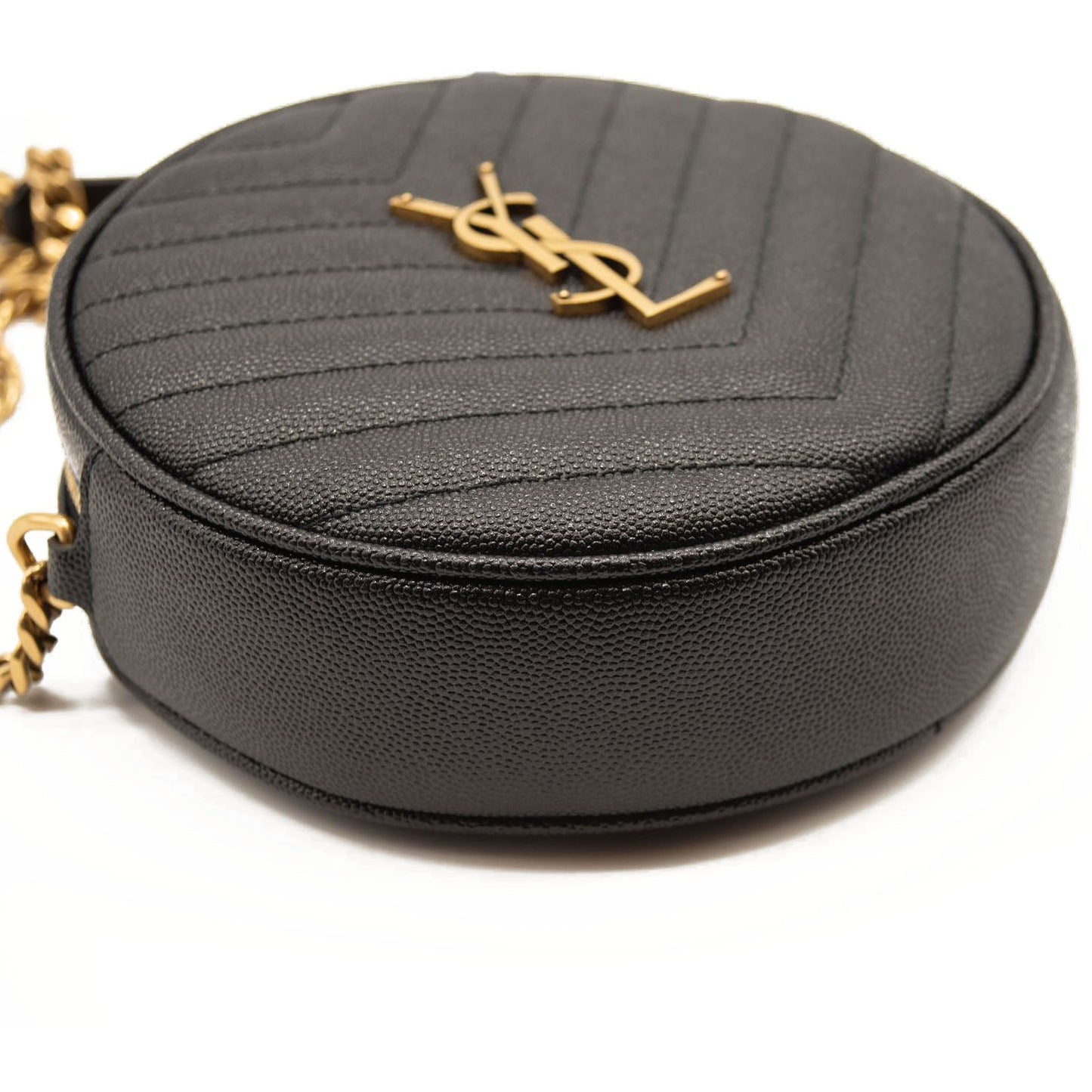 NEW SAINT LAURENT Grain De Poudre Matelasse Chevron Quited Round Vinyle Camera Bag Black