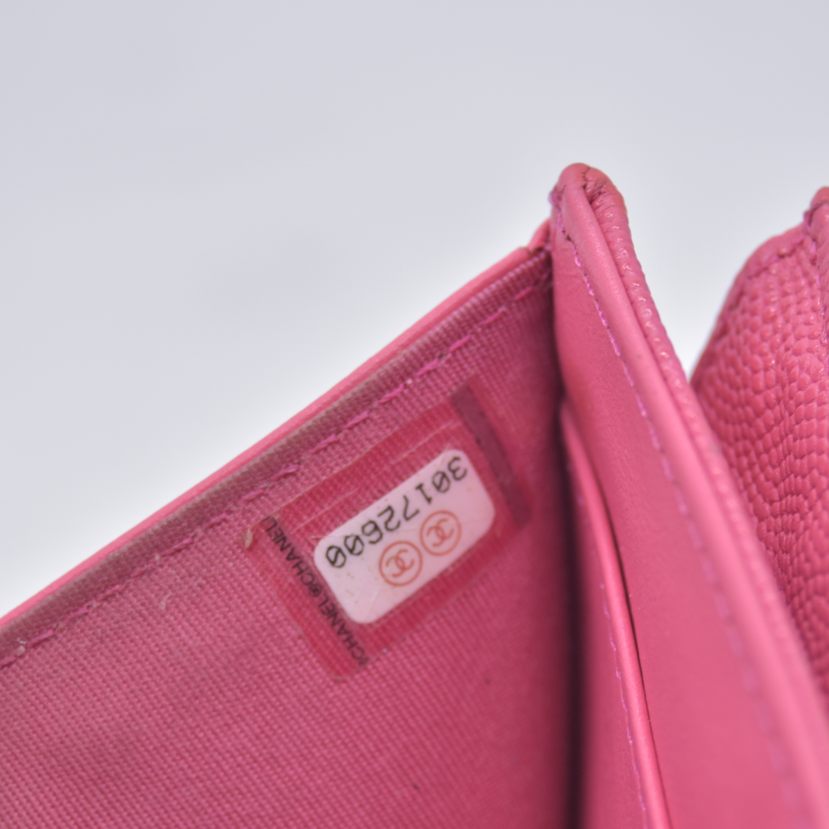 $1025 2020 CHANEL Interlocking CC Chain Small Flap Tri-Fold Wallet Pink Caviar Leather
