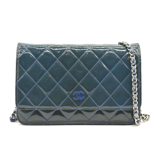 $3350 Chanel Classic Quilted Patent Wallet On Chain Blue