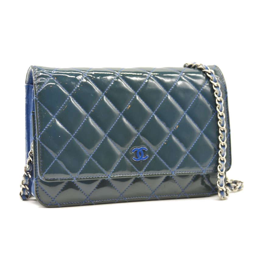 $3350 Chanel Classic Quilted Patent Wallet On Chain Blue