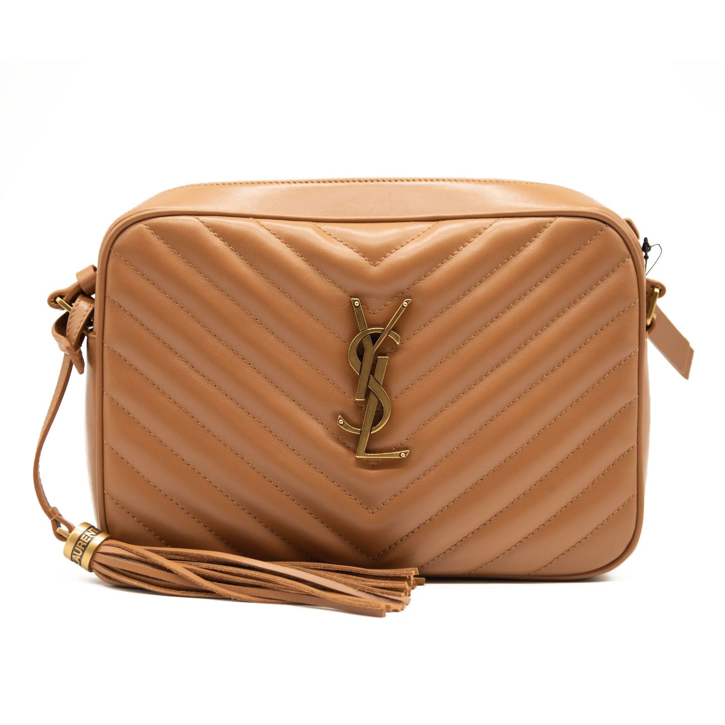 NEW SAINT LAURENT Lou Medium Chevron Quilted Camera Crossbody Bag Beige