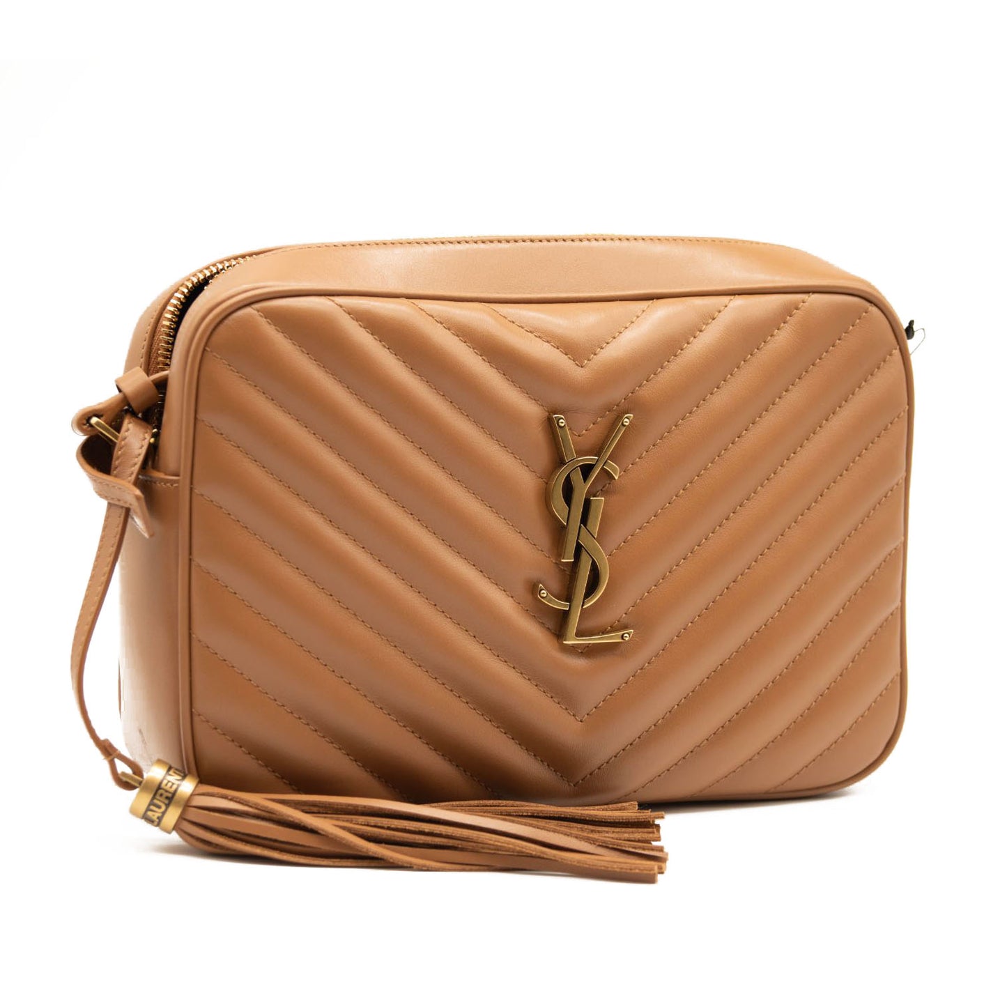 NEW SAINT LAURENT Lou Medium Chevron Quilted Camera Crossbody Bag Beige