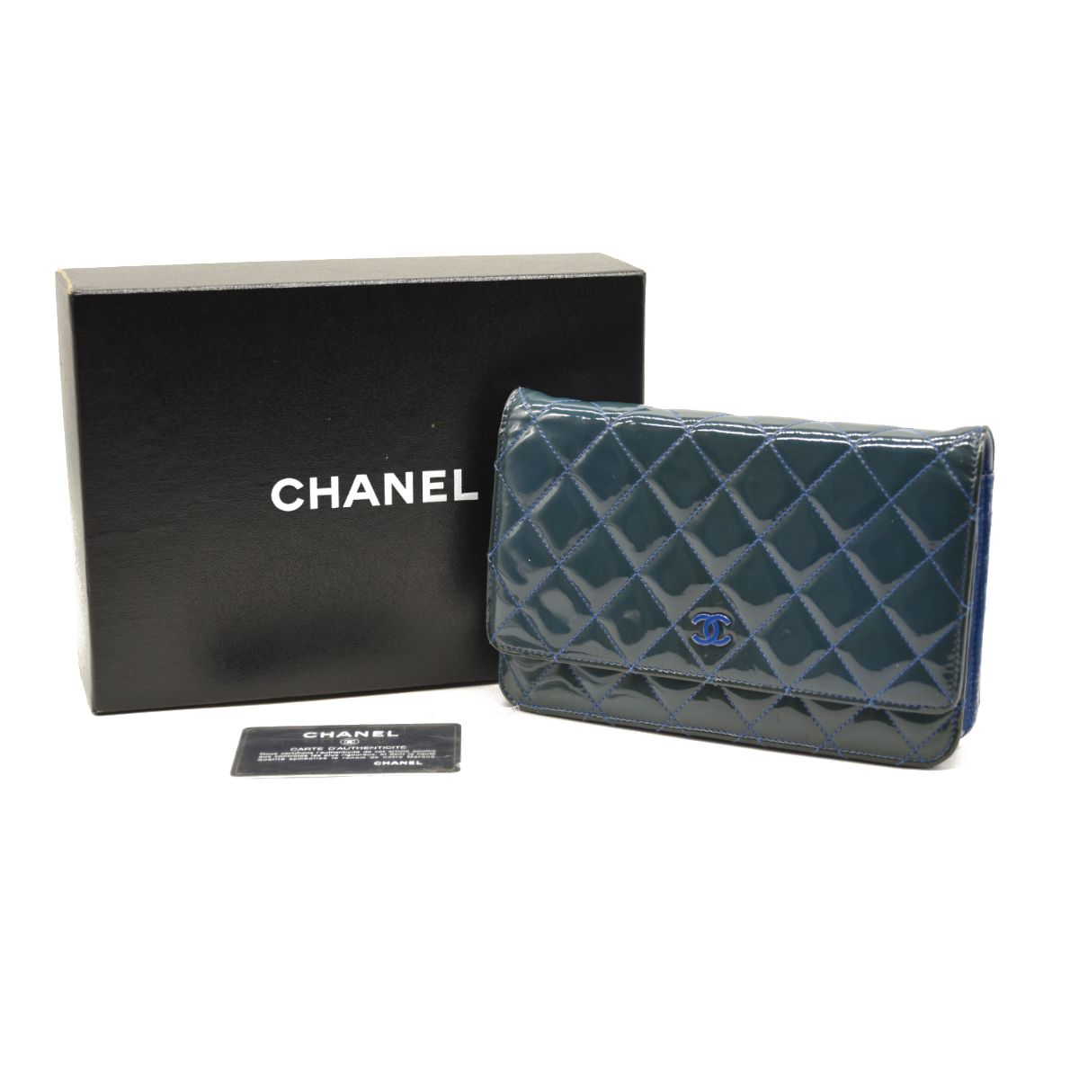 $3350 Chanel Classic Quilted Patent Wallet On Chain Blue