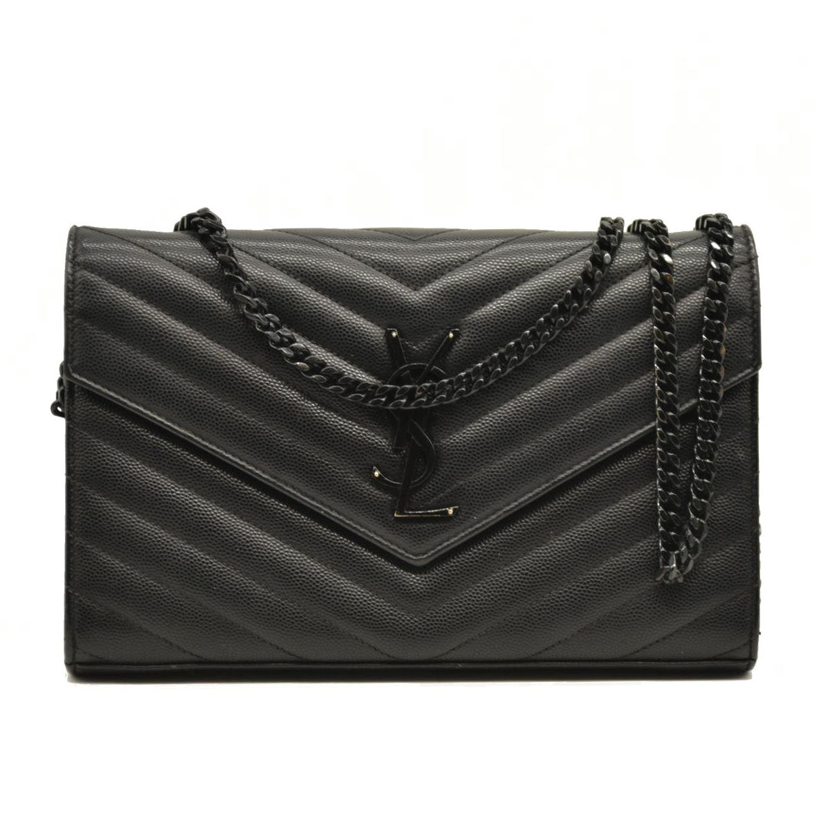 Saint Laurent  Grain De Poudre Matelasse Chevron Monogram Monochrome Chain Wallet Black