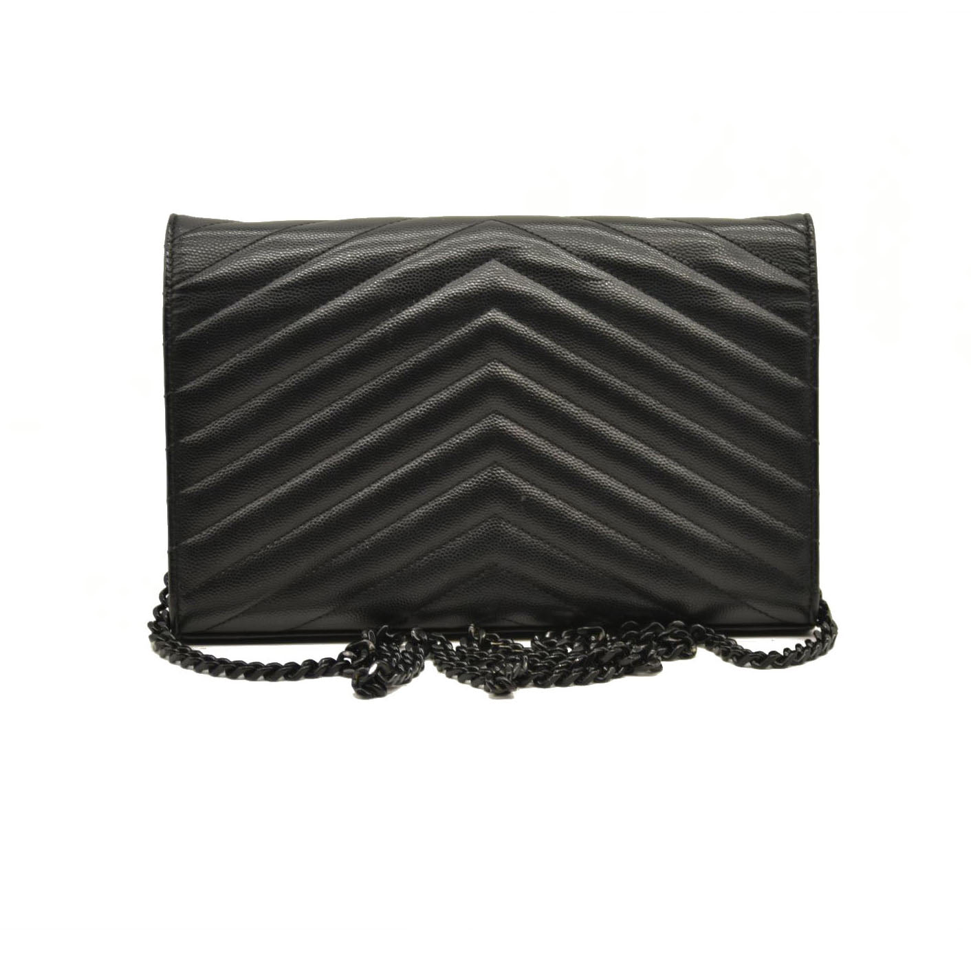 Saint Laurent  Grain De Poudre Matelasse Chevron Monogram Monochrome Chain Wallet Black