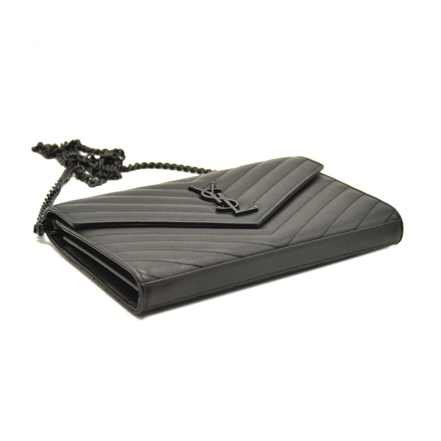 Saint Laurent  Grain De Poudre Matelasse Chevron Monogram Monochrome Chain Wallet Black