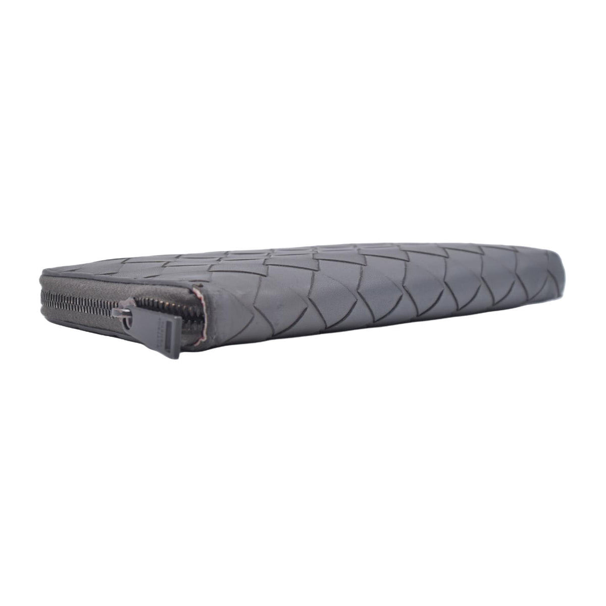 $1050 BOTTEGA VENETA Intrecciato Nappa Zip Around Wallet Grey Red CONSIGNMENT 10021175