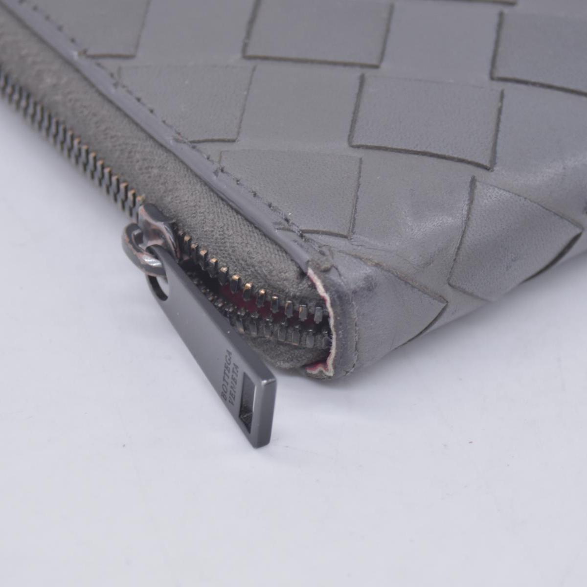$1050 BOTTEGA VENETA Intrecciato Nappa Zip Around Wallet Grey Red CONSIGNMENT 10021175