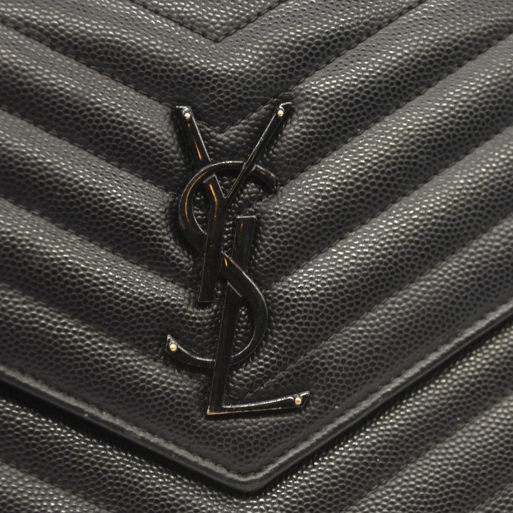 Saint Laurent  Grain De Poudre Matelasse Chevron Monogram Monochrome Chain Wallet Black