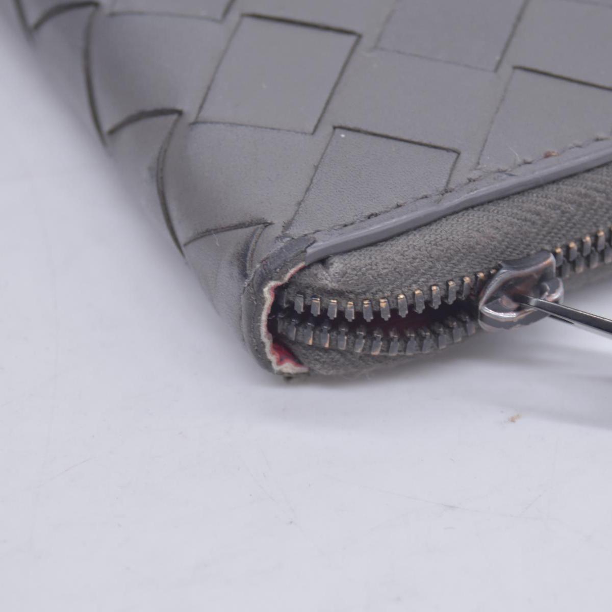$1050 BOTTEGA VENETA Intrecciato Nappa Zip Around Wallet Grey Red CONSIGNMENT 10021175