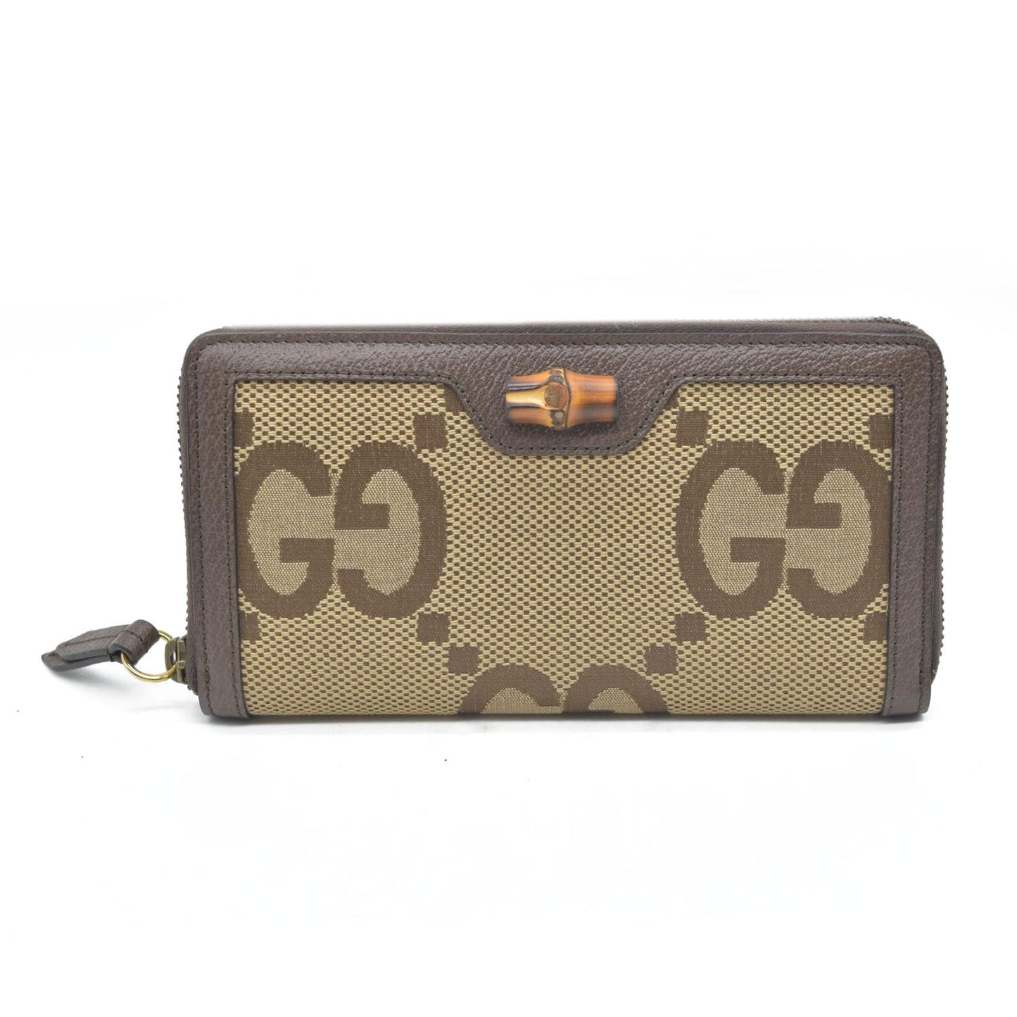 $850 CONSIGNMENT Gucci  Monogram Jumbo GG Textured Dollar Calfskin Diana Zip Around Continental Wallet Camel Ebony New Acero