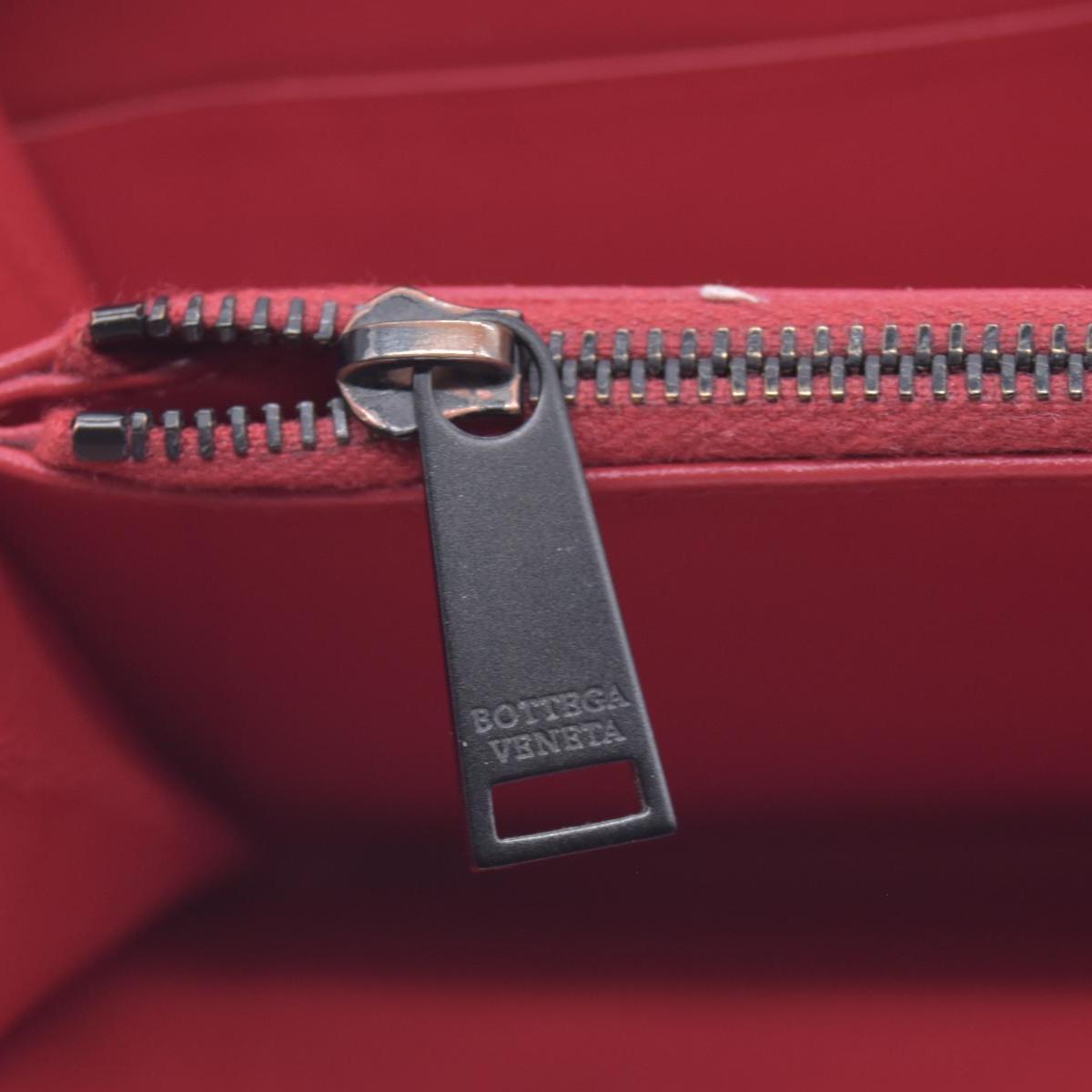 $1050 BOTTEGA VENETA Intrecciato Nappa Zip Around Wallet Grey Red CONSIGNMENT 10021175