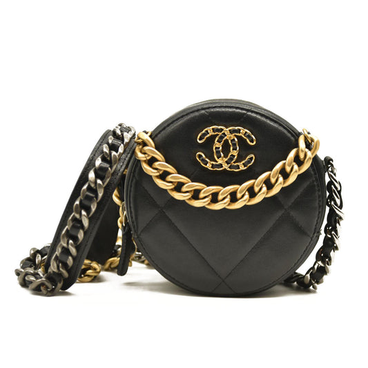 Chanel  Lambskin Quilted Chanel 19 Round Clutch With Chain Black 31*