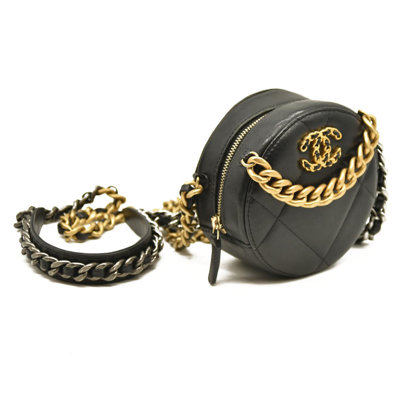 Chanel  Lambskin Quilted Chanel 19 Round Clutch With Chain Black 31*