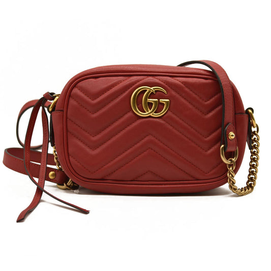 Gucci  Calfskin Matelasse Small GG Marmont Chain Shoulder Bag Hibiscus Red