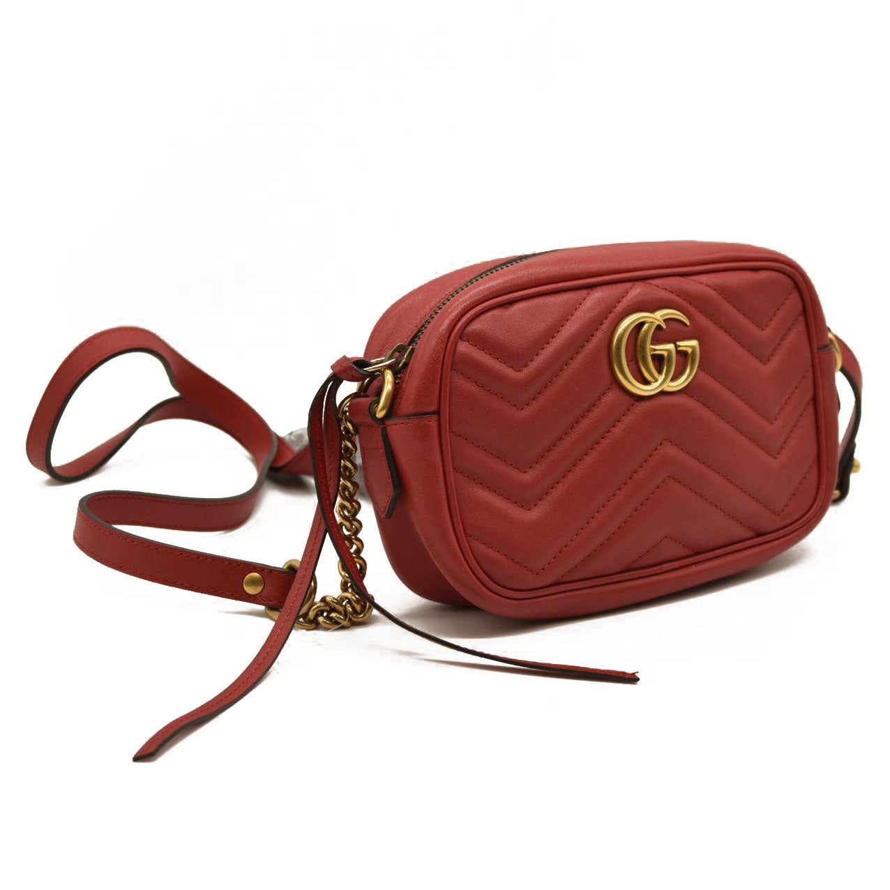 Gucci  Calfskin Matelasse Small GG Marmont Chain Shoulder Bag Hibiscus Red