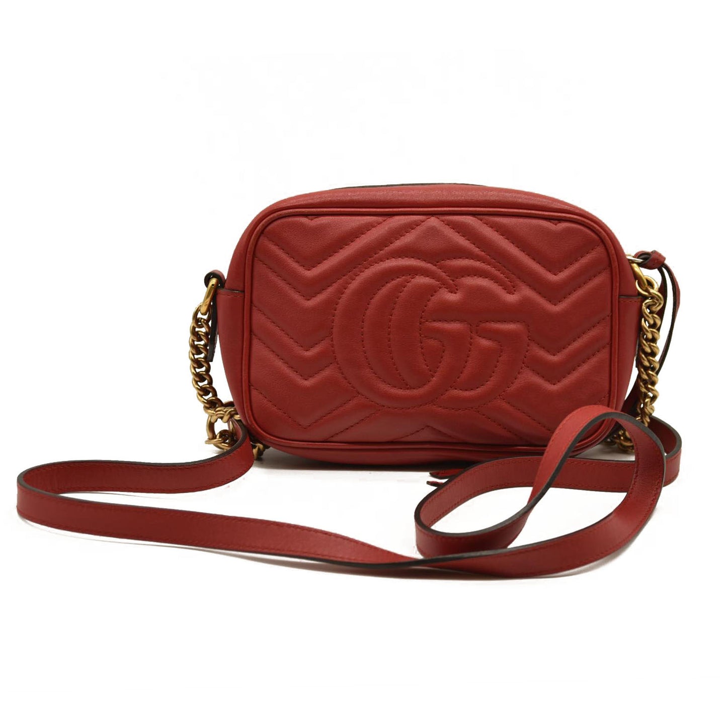 Gucci  Calfskin Matelasse Small GG Marmont Chain Shoulder Bag Hibiscus Red