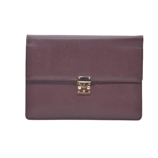 $850 SAINT LAURENT Textured Leather Push Lock Clutch Document Case Burgundy CONSIGNMENT 10021193