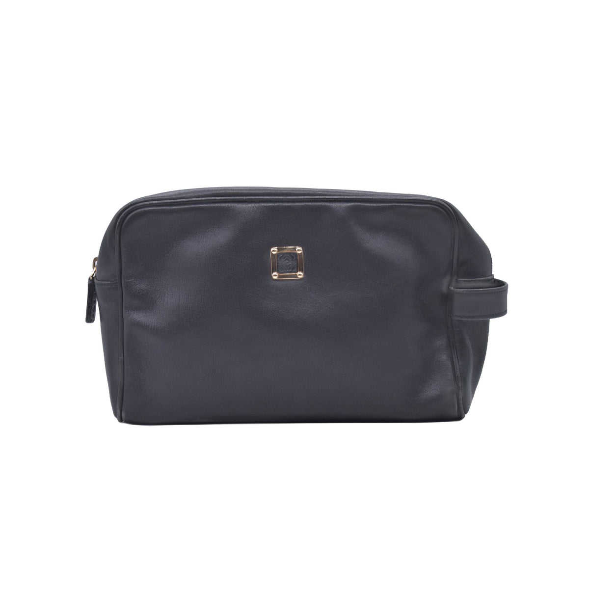 $650 LOEWE Smooth Calfskin Anagram Square Plaque Cosmetic Case Black CONSIGNMENT 10021216