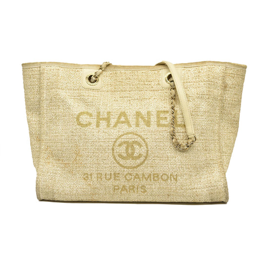 CHANEL Straw Raffia Calfskin Striped MM Deauville Tote Beige