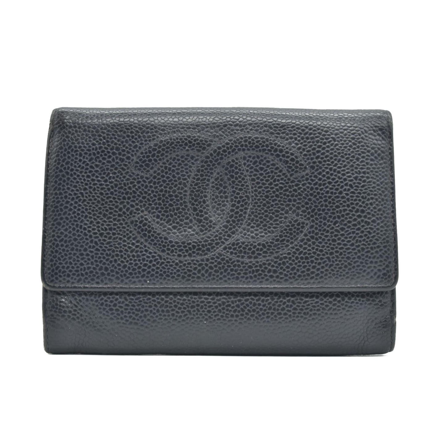 $925 CHANEL CC Logo Grained Calfskin Trifold Wallet Black 6117536
