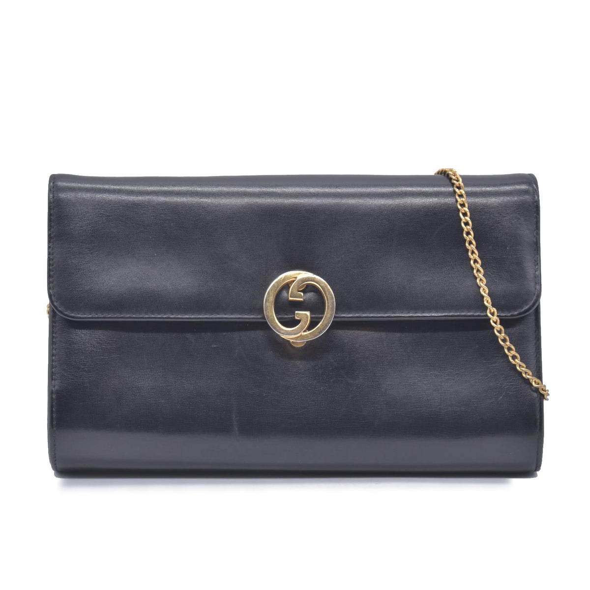 $1450 GUCCI Calfskin Vintage Interlocking GG Chain Flap Clutch Bag Black CONSIGNMENT 10021223