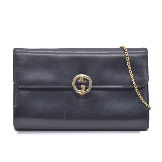 $1450 GUCCI Calfskin Vintage Interlocking GG Chain Flap Clutch Bag Black CONSIGNMENT 10021223
