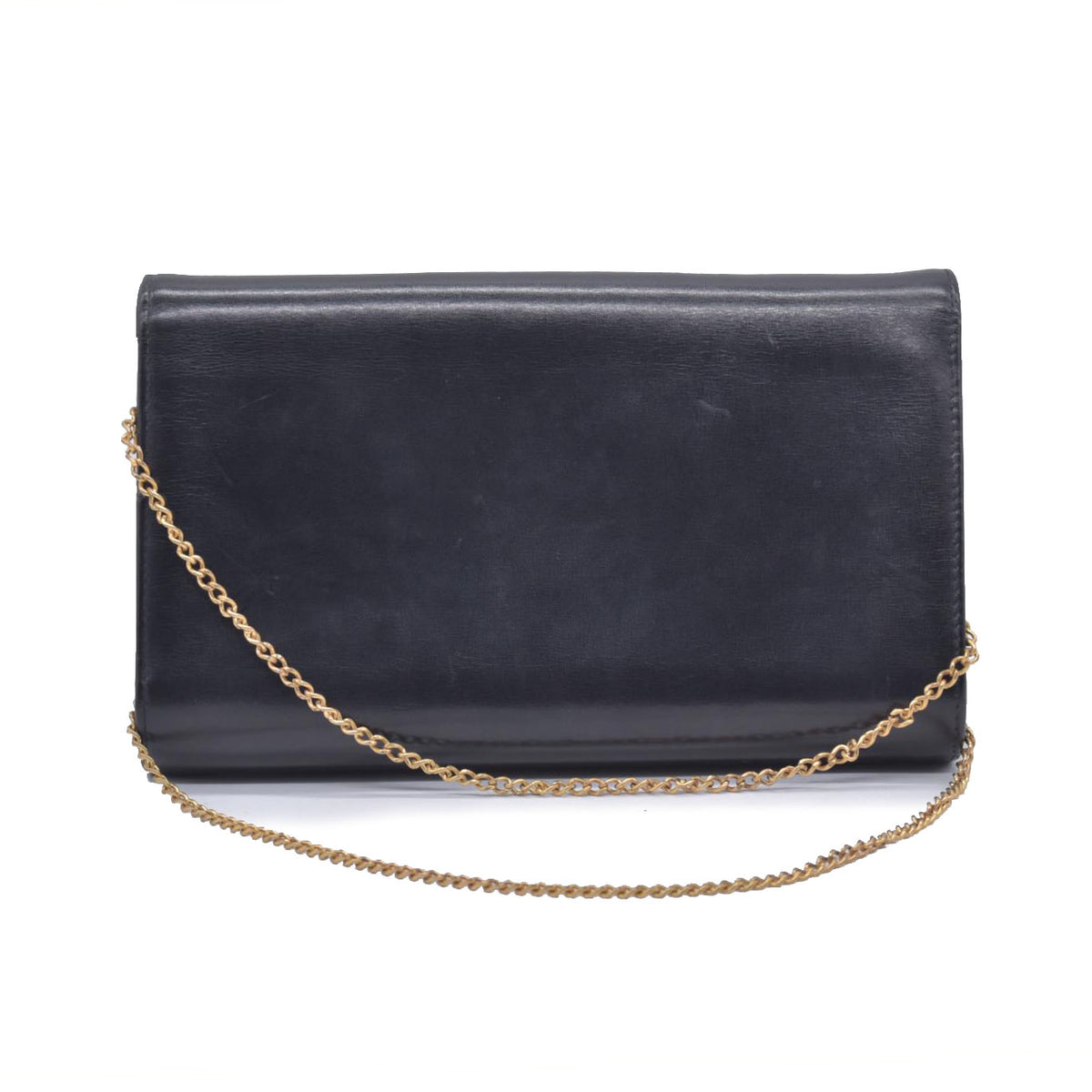 $1450 GUCCI Calfskin Vintage Interlocking GG Chain Flap Clutch Bag Black CONSIGNMENT 10021223