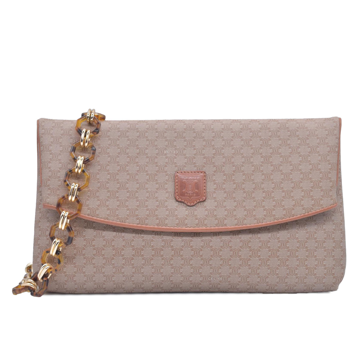 CELINE Macadam Coated Canvas Flap Clutch Shoulder Bag Tan CONSIGNMENT 10021233