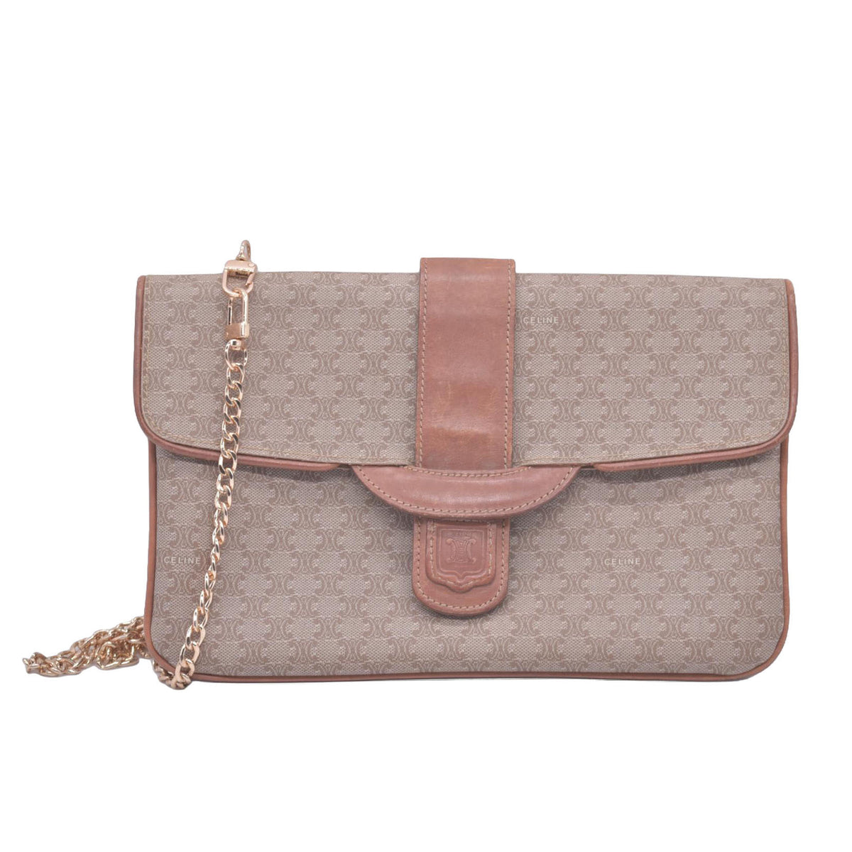 CELINE C Macadam Canvas Flap Shoulder Bag Chain Strap Tan CONSIGNMENT 10021189