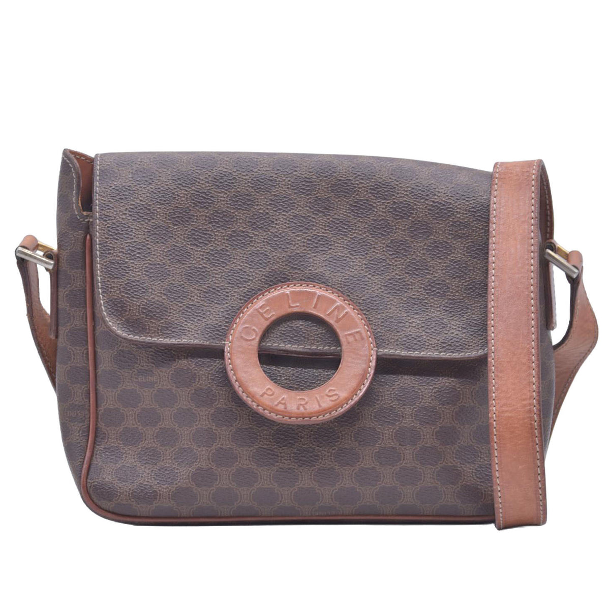 CELINE Macadam Coated Canvas Ring Circle Logo Crossbody Bag Brown CONSIGNMENT 10021238