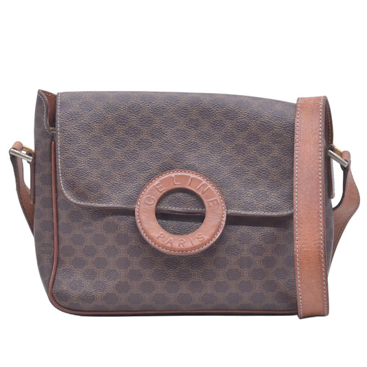 CELINE Macadam Coated Canvas Ring Circle Logo Crossbody Bag Brown CONSIGNMENT 10021238
