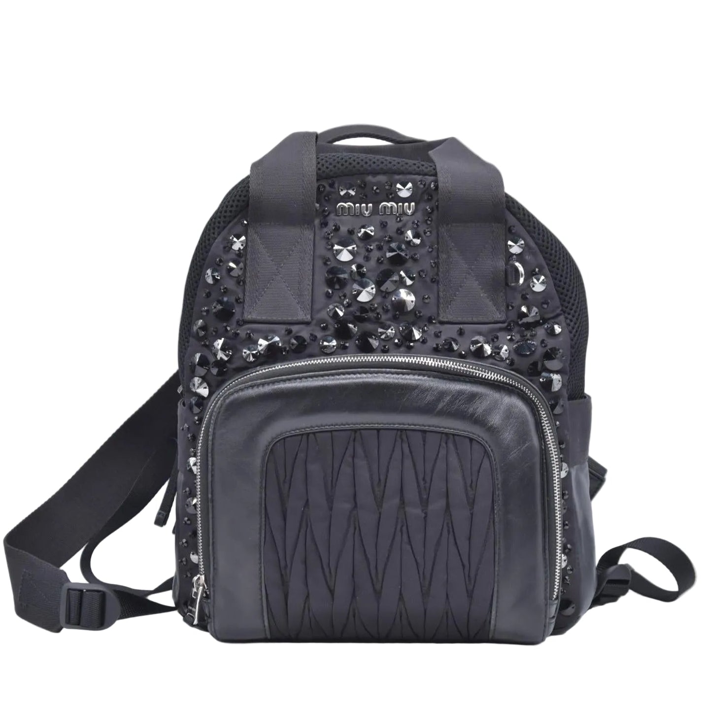 $1950 MIU MIU Leather Trimmed Matelasse Crystal Embellished Nylon Backpack